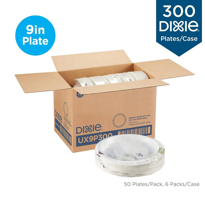 Dixie Bulk Paper Plates, 8.5 Inch, 300 Plate Count, (50 Plates Per Pack, 6 Pack Per Case), Medium Weight, White