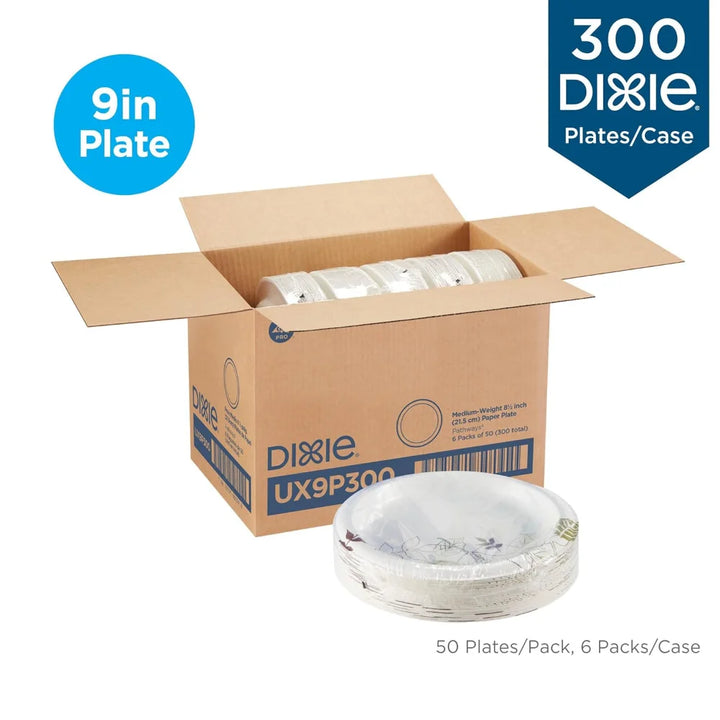 Dixie Bulk Paper Plates, 8.5 Inch, 300 Plate Count, (50 Plates Per Pack, 6 Pack Per Case), Medium Weight, White